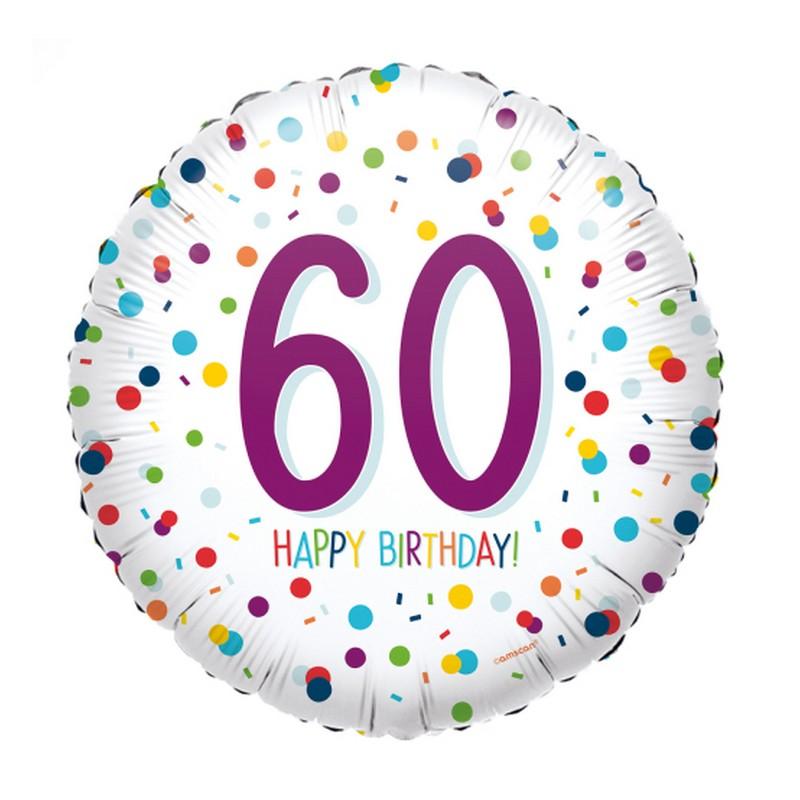 Ballon Aluminium Rond 43 cm : Happy Birthday 60 ans - Confettis