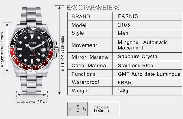 Parnis Montre 40mm mécanique automatique de luxe GMT Rouge et Bleu