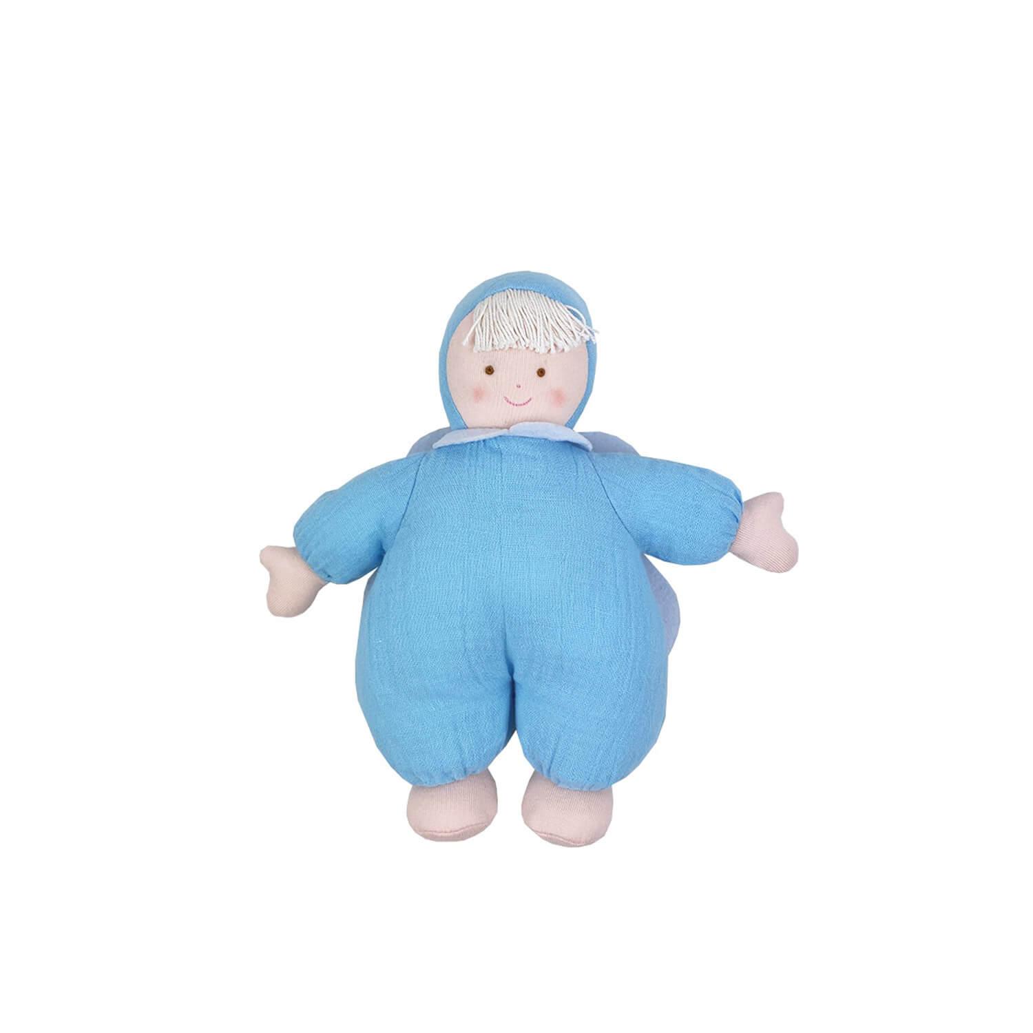 Ange Doudou avec Hochet 20 cm - Coton Bio Bleu Ciel