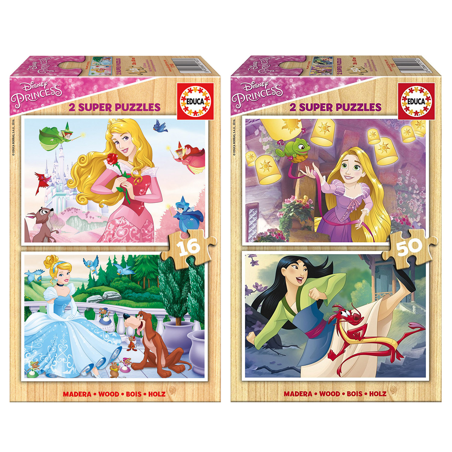 Lot Puzzles Princesses Disney : 2x16 pièces et 2x50 pièces en bois ...