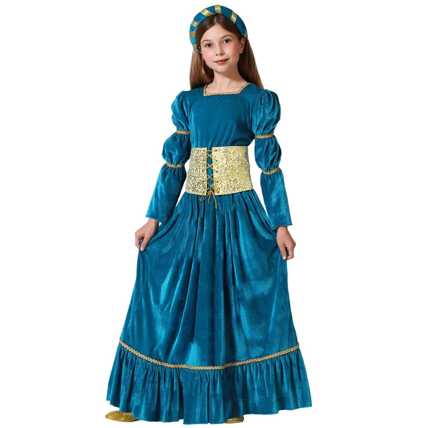 Robe Médiévale Enfant Velours Brodé - Manches Trumpet, Ceinture, Pour Halloween Fêtes Costumées