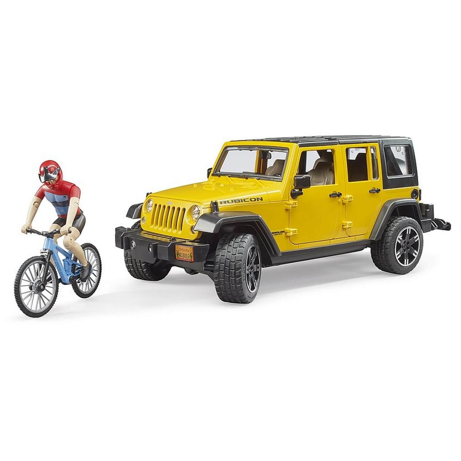 Jeep Wrangler Rubicon avec cycliste et vélo tout terrain