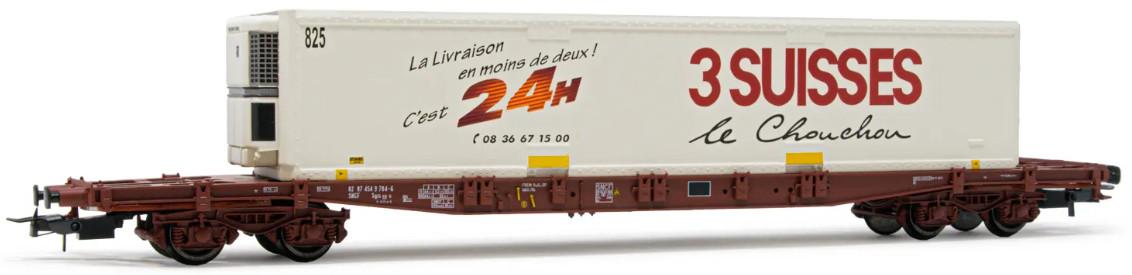 JOUEF Wagon porte-conteneurs 4 essieux Sgss avec caisse mobile 3 Suisses période V. Essieux montés