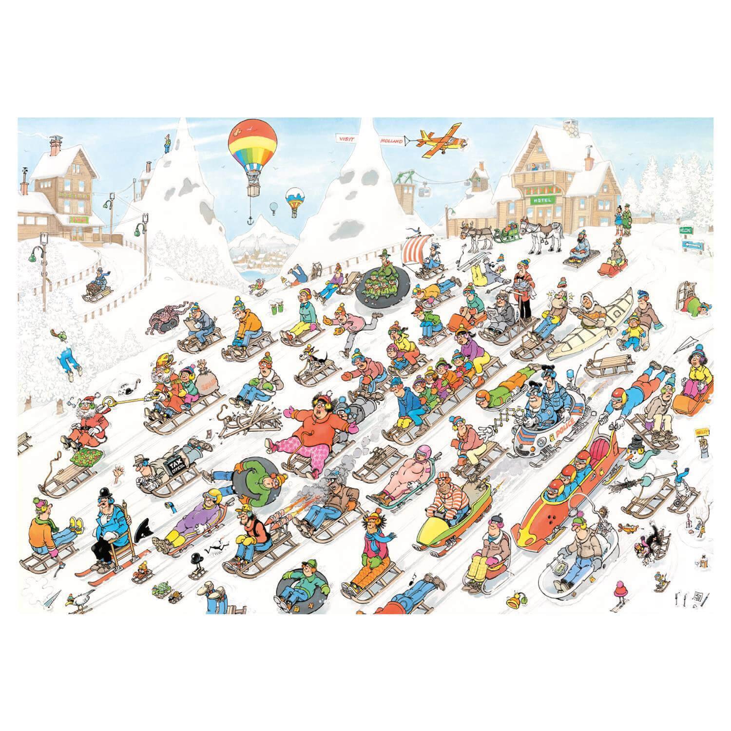 Puzzle 1000 pièces : Jan Van Haasteren : Descente effrenée à la montagne