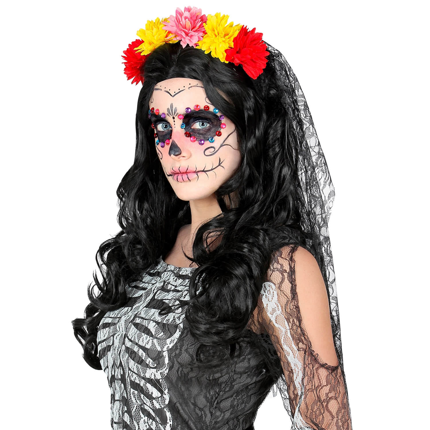 Serre-tête Fleur Dia De Los Muertos - Kit Accessoires Halloween Femme Avec Tatouages Et Bijoux