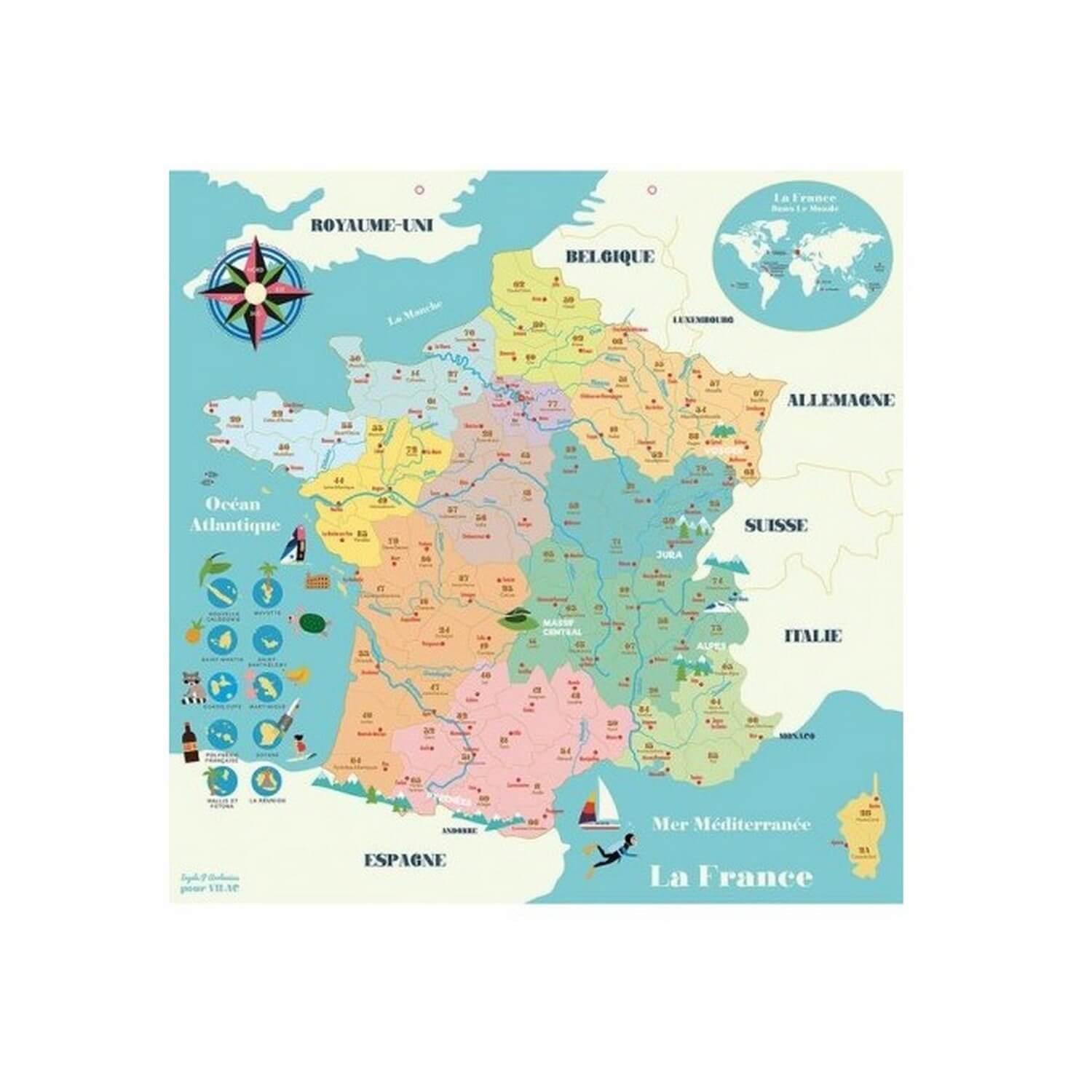 Puzzle 92 pièces en bois : Carte de France magnétique par Ingela P
