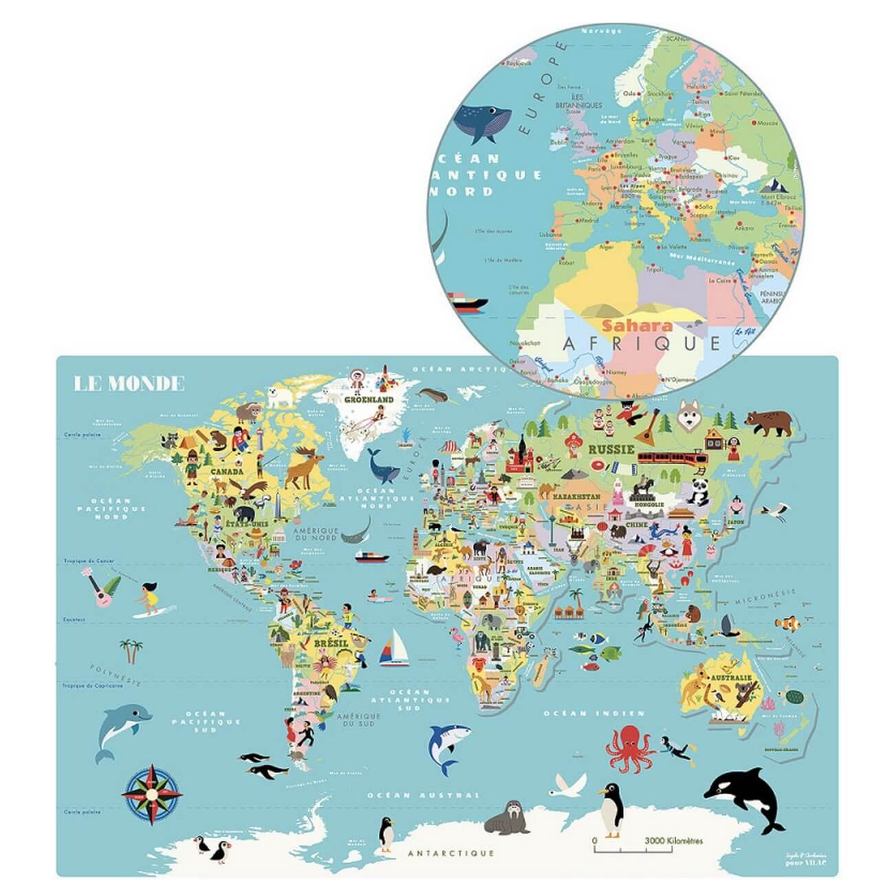 Vilac - Puzzle en bois - Carte du monde magnétique