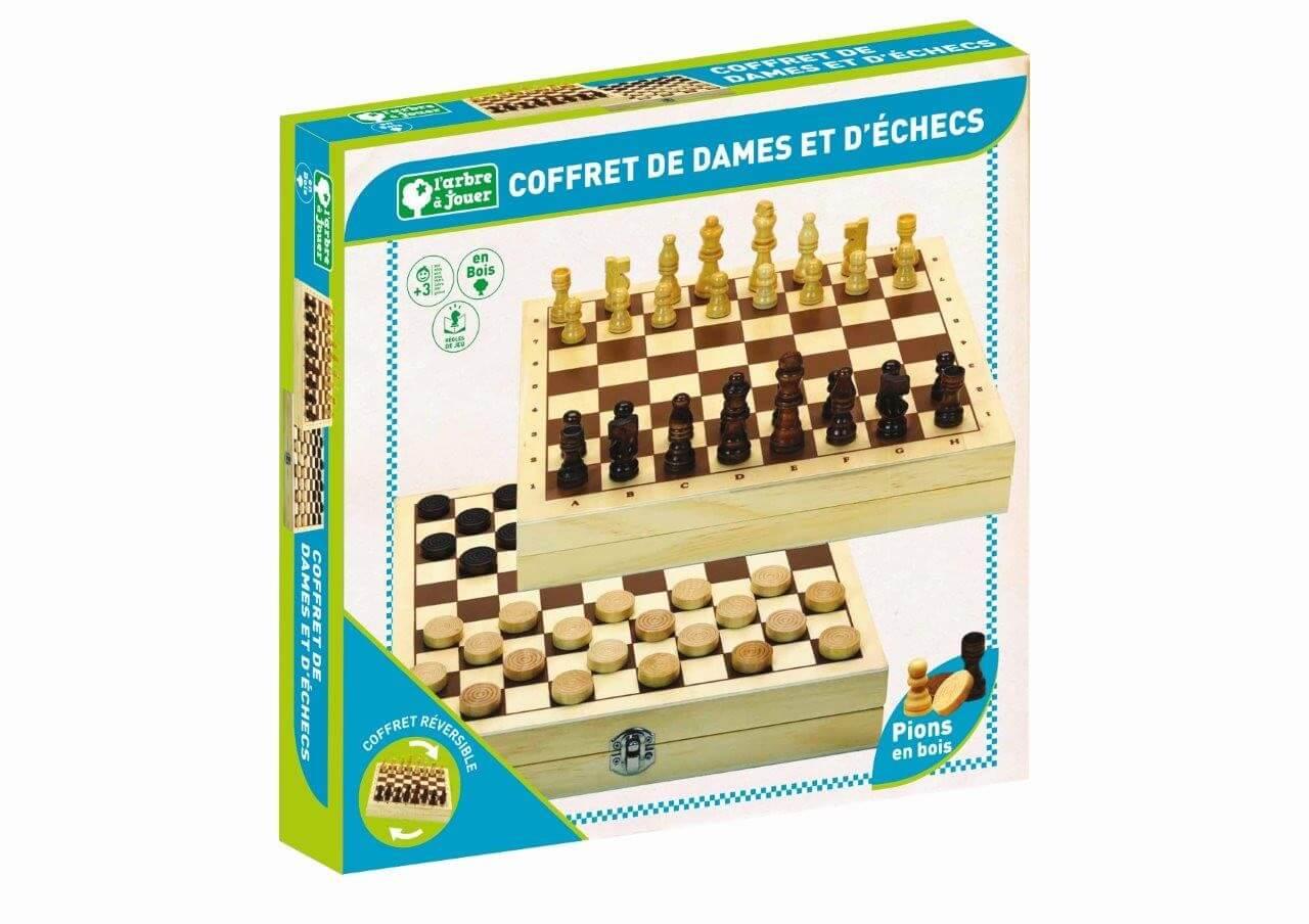 Coffret en bois jeux d'echec et jeu de dames avec plumiers