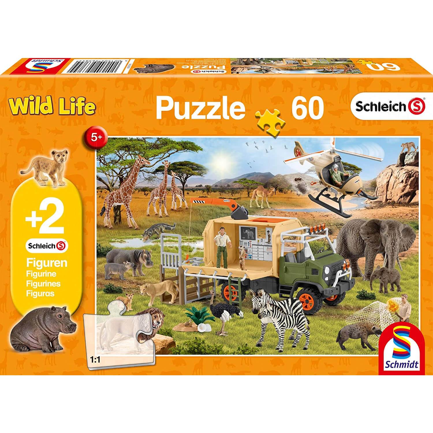 puzzle 60 piã¨ces avec 2 figurines schleich : sauvetage d'animaux aventureux
