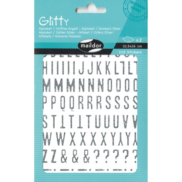 Stickers Glitty 2 planches : Alphabet et chiffres Argent - Maildor-AE071O