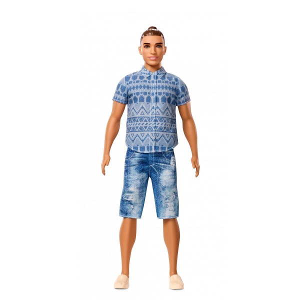 Poupée Barbie Fashionistas : Ken en bermuda jeans et chemise à motifs bleus - Mattel-DWK44-FNJ38