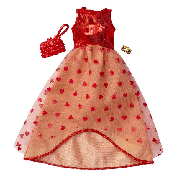 Vêtements pour poupée Barbie : Robe de soirée top rouge métal et jupe longue motifs coeurs - Mattel-FCT22-10