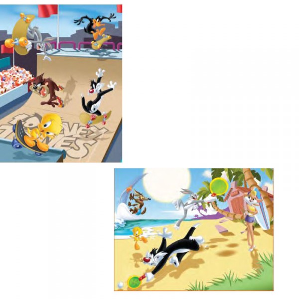 Puzzle 2 x 25 pièces : Looney Tunes, la rampe de skate et partie de raquettes - MB-39704-39708