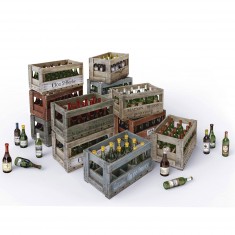 Simulacros de botellas de vino y cajas de madera.