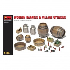 Kriegsdekor-Accessoires 1/35: Set aus diversen Utensilien und Holzfässern