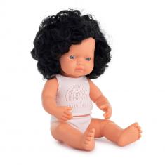 European Girl Doll with Black Curly Hair 38cm