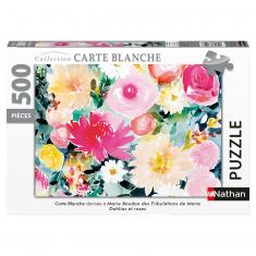Puzzle 500 pièces : Carte blanche : Dahlias et roses, Marie Boudon