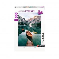 Puzzle 500 pièces : Les barques du lac de Braies, Italie