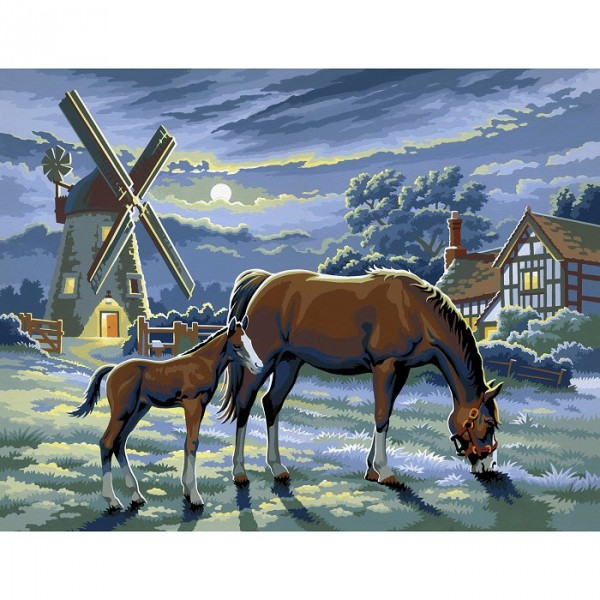 Peinture au numéro Initiés : Moulin et chevaux au crépuscule - Oz-PL00429
