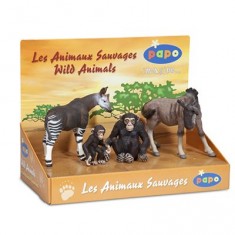 Figura de animales salvajes: Caja: Okapi, chimpancés, ñu