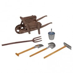 Wheelbarrow and tools