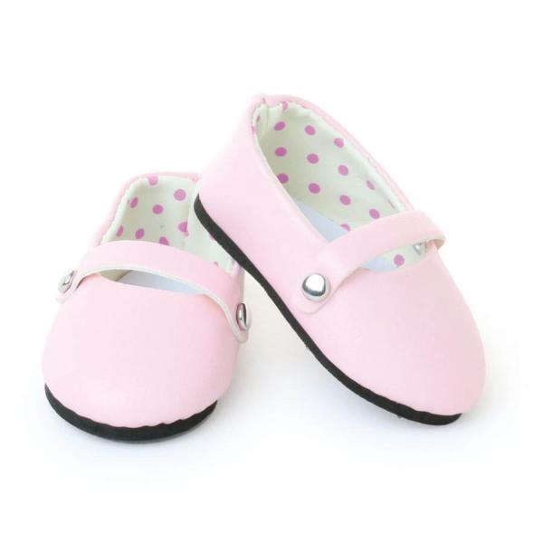 Accessoires pour poupée : Chaussures ballerines à bride roses intérieur blanc pois roses - PetitCollin-603904