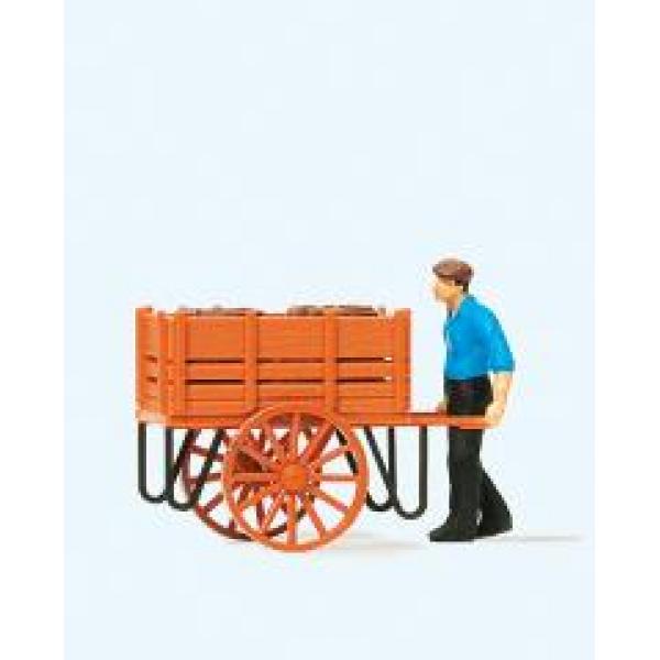 ouvrier et son chariot de tonneaux Preiser 1:87 - T2M-PR28131