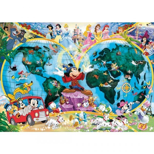Puzzle 1000 pièces - Le monde magique de Disney en mappemonde - Ravensburger-15785