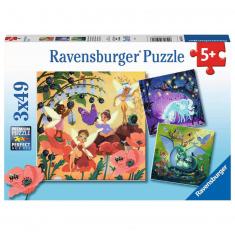Puzzles 3 x 49 pieces: Unicorn, dragon and fairy