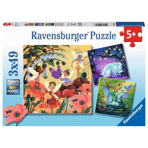 Puzzles 3 x 49 piezas: Unicornio, dragón y hada - Ravensburger-05181