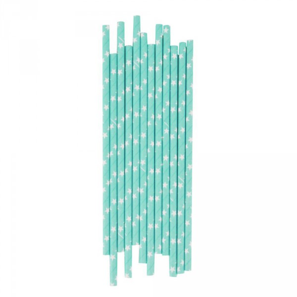 Pailles Turquoise Etoiles Blanches x 25  - MLD-PAETBL