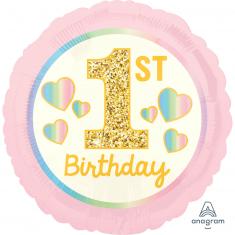 Ballon aluminium rond 43 cm :  1er Anniversaire - Rose et doré