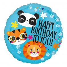 Ballon aluminium rond 43 cm : Happy birthday - Animaux