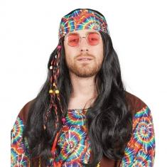 Perruque hippie homme, raide noire avec tresse en tissu