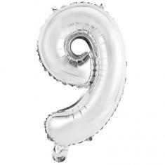 Ballon Aluminium 40 cm :  Chiffre 9 - Argent