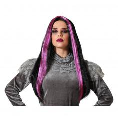 Perruque Longue Lisse 60 Cm - Noire et Fuchsia - Halloween 