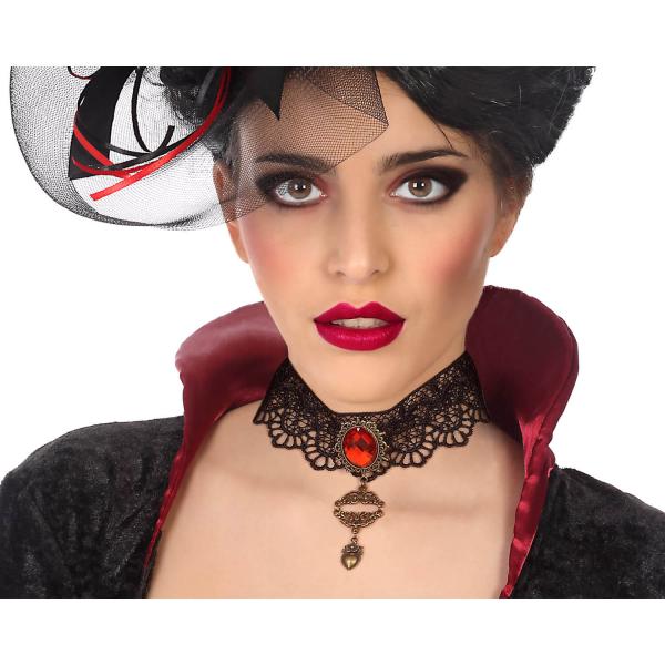Collier dentelle noire et pierre rouge - Halloween - 57708