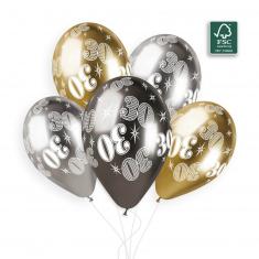 5 Ballons 30 Ans - 33 Cm - Or Et Argent 