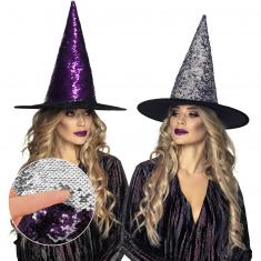Chapeau de sorcière réversible violet/argent