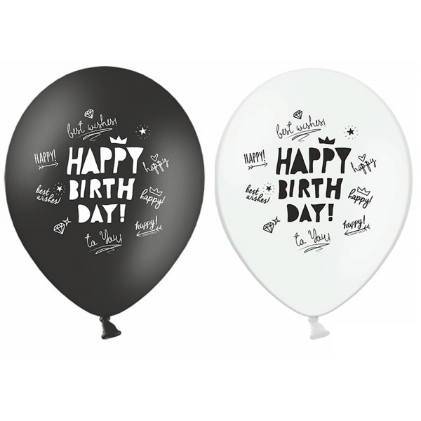 Ballons Happy Birthday Noir et Blanc x6 - SB14P-259-000/6