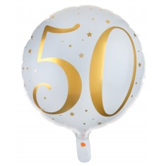 Ballon Aluminium 50 ans Joyeux Anniversaire Blanc et Or