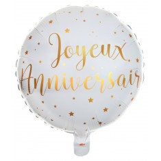 Ballon Aluminium Joyeux Anniversaire Blanc et Or