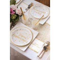 Assiettes Joyeux Anniversaire x10 - Blanc et Or