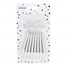 Set 16 Bougies Anniversaire en spirale avec bouchon de gâteau Happy Birthday - Argent