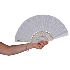 Eventail, tissu et plastique, blanc, 45 cm ouvert