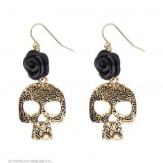 Boucles D'Oreilles Roses Noires Sur Crânes Dorés