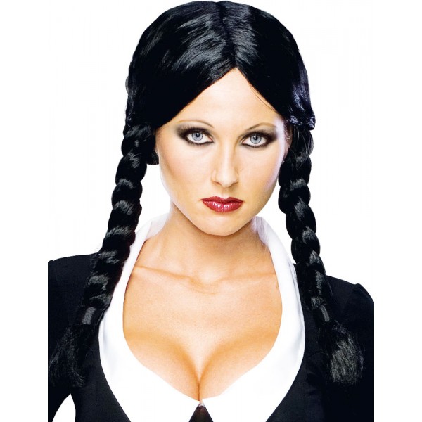 Perruque Mercredi Addams Avec Tresses Noires - Kit Inclut Collier Et Maquillage Yeux - Pour Cosplay, Halloween, Fêtes Déguisées