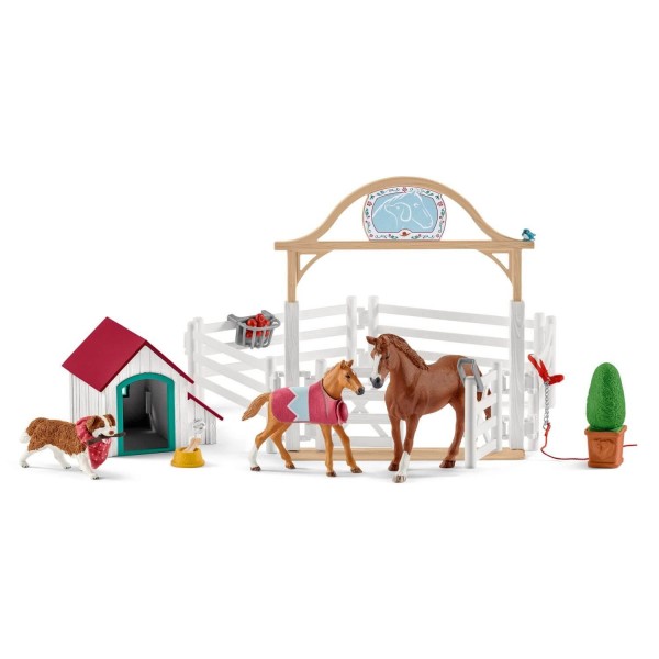 Horse Figurines: Hannah's guest horses with Ruby dog and accessories - Schleich-42458