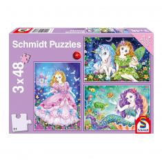 3 x 48-teiliges Puzzle: Prinzessin, Fee und Meerjungfrau