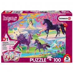 Puzzle 100 pièces avec figurine : Clairière avec famille de licorne